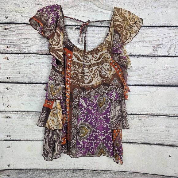 Studio Y M Paisley Boho Ruffle Sleeve Chiffon Top - Picture 8 of 9